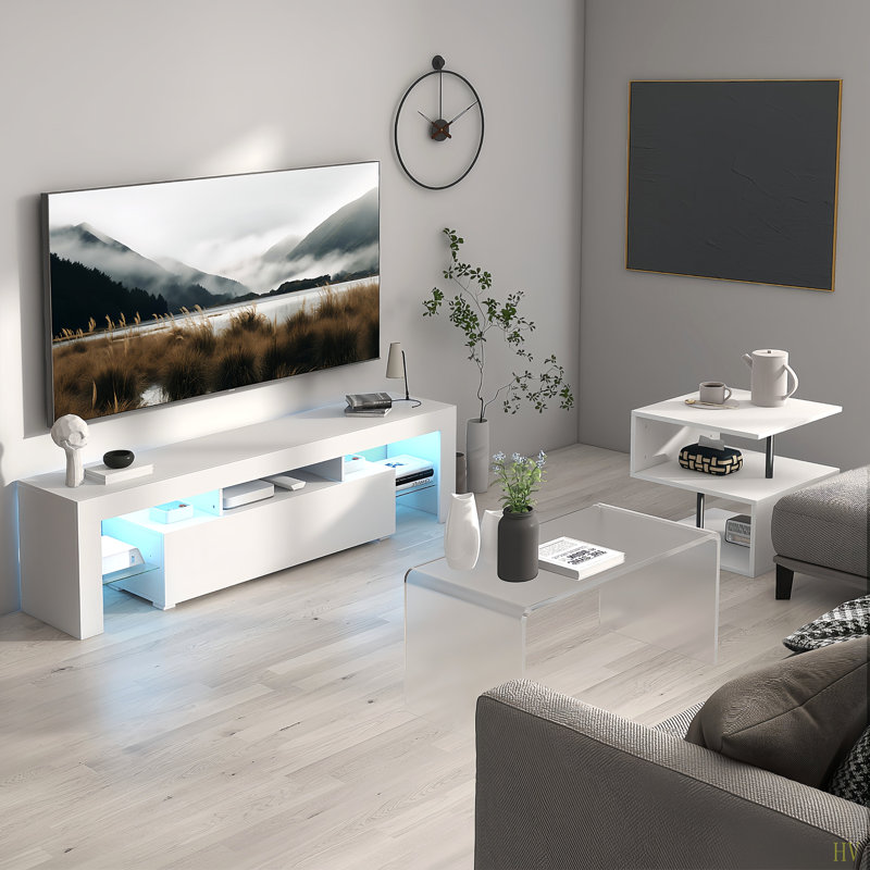 LED TV Stand For Televisions Up To 55 Inchs,Modern Entertainment Center With Down Filp Door, Glass Shelf And High Glossy UV Front Face, TV Console Table For Living Room,Bedroom
