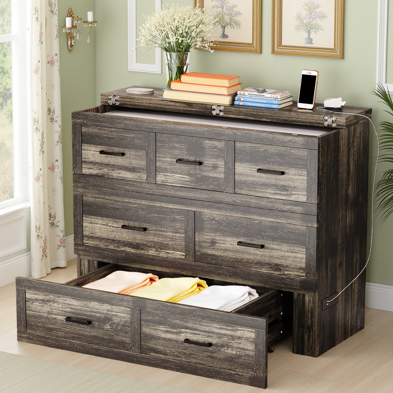 Lit armoire Murphy avec station de charge et tiroir de rangement, Lit double, Gris