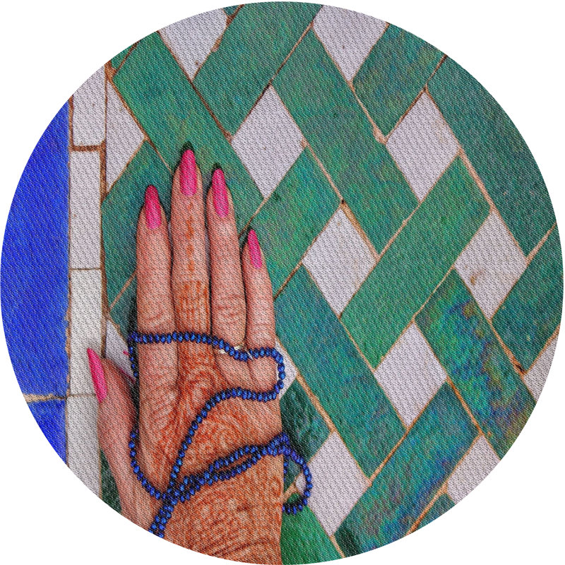 Tapis à motifs vert/bleu/orange zone orange Strouth, Rond 7 pi