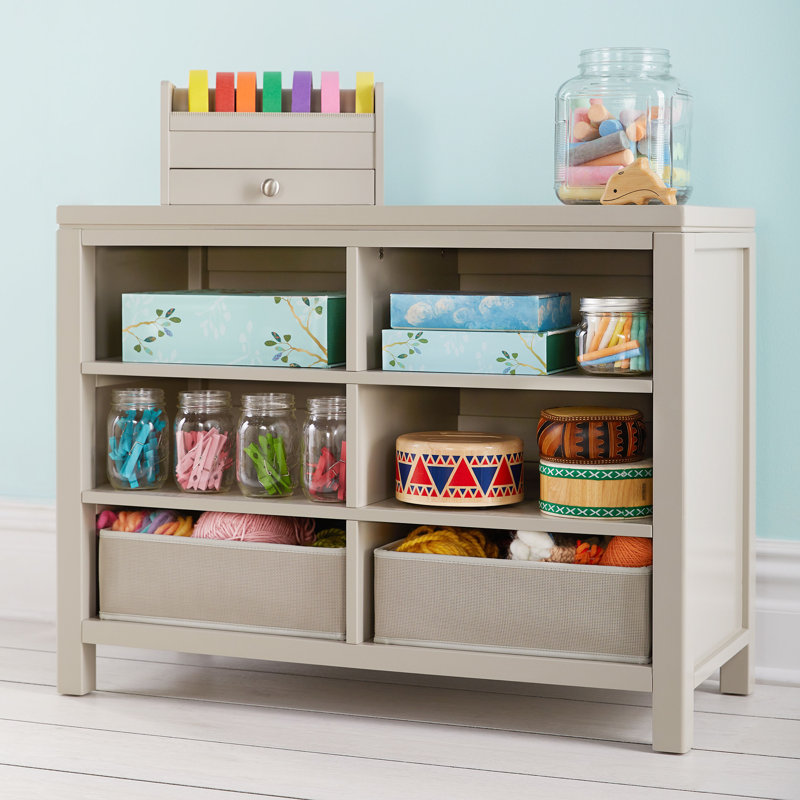 Gray Wooden Kids Double Open Art Storage with Fabric Bins