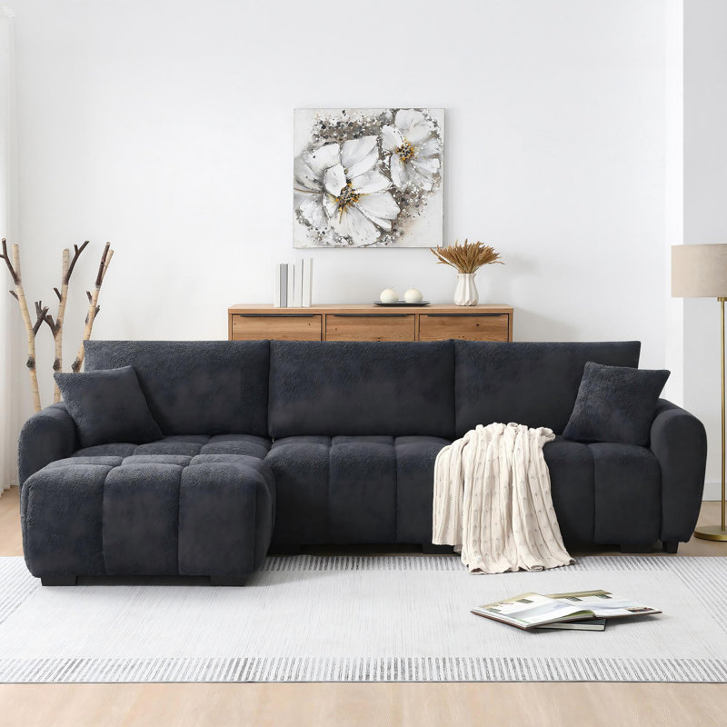 Canapé modulaire en L modulaire avec repose-pieds, siège très large de 110 po, tissu bouclé et combinaison libre, Noir