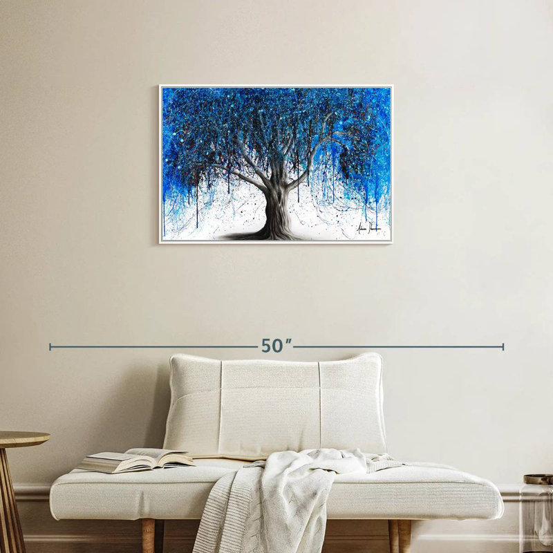 Arbre bleu au clair de lune, Cadre flottant blanc, 31 po x 21 po