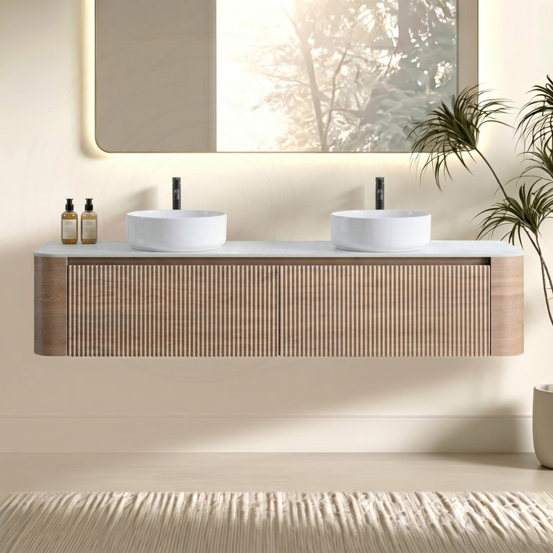 Meuble-lavabo double 72 po avec lavabos blancs et porte-serviettes 72 po, Chêne miel, 72" W