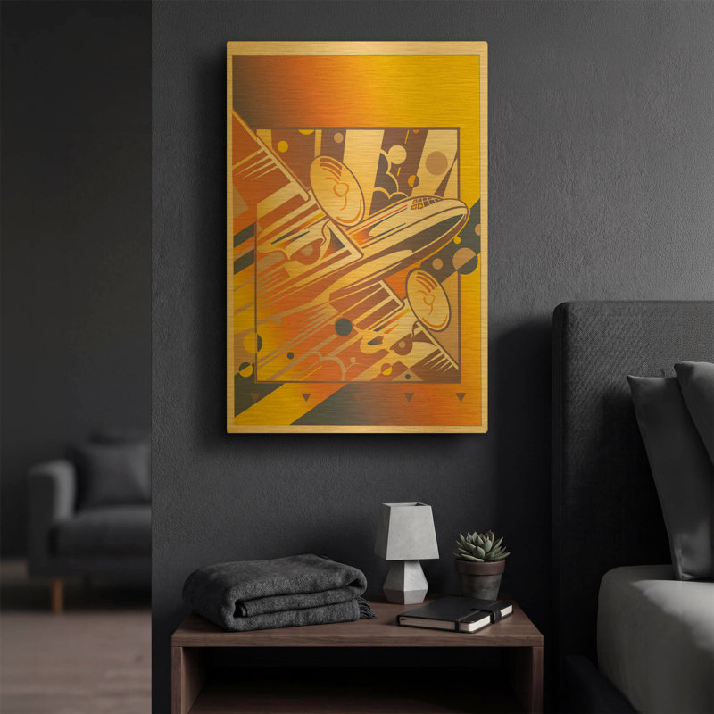 «Take Off Yellow» par David Chestnutt, art mural en métal doré, 16 po x 24 po, 16 po x 24 po