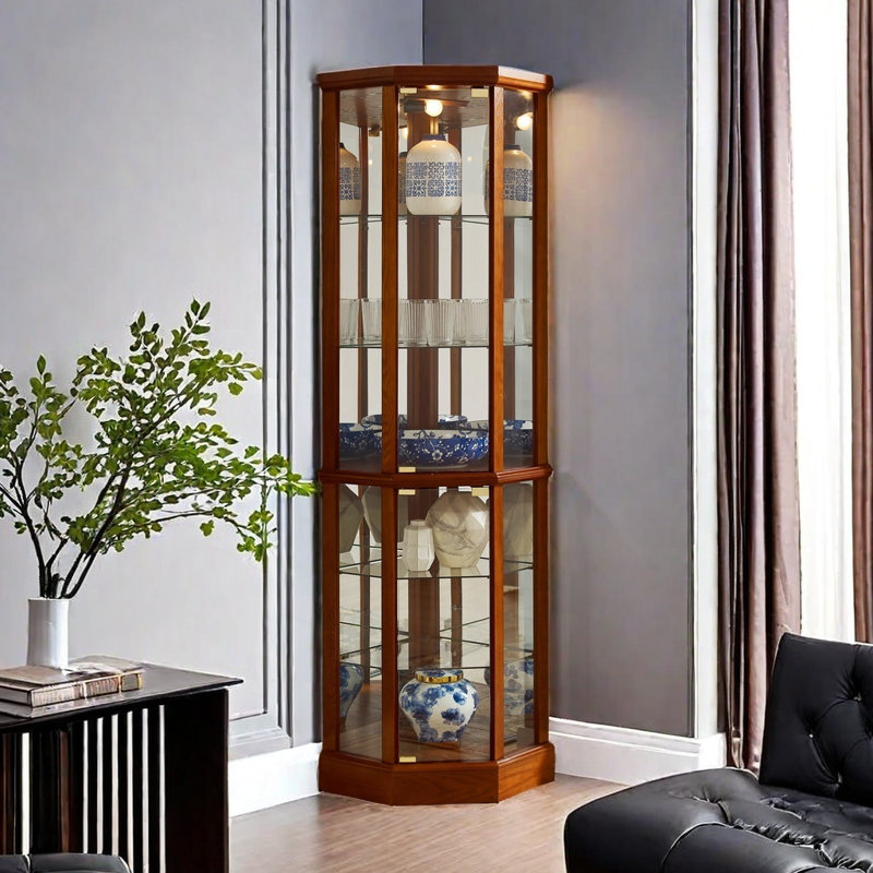 6 Shelf Lighted Corner Curio Cabinet With Adjustable Tempered Glass Shelves And Mirror Back(E26 Light Bulb Not Included), Oak