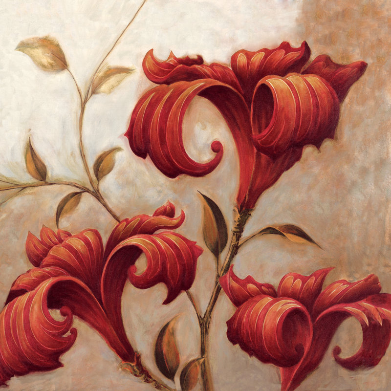Curly Red Floral Square 3 - Wrapped Canvas Painting, 30cm H x 30cm W x 3.8cm D
