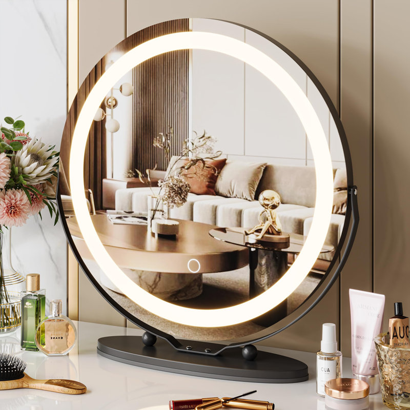 19 Inch Vanity Mirror With Lights, Round Large LED Vanity Mirror With Smart Touch 3 Colors Dimmable, Touch Lighting, Black