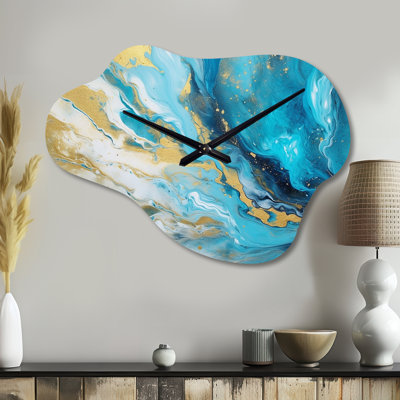 Turquoise Gold Infused Marble III - Fractals Asymmetrical Metal Clock, Blue Cloud Wall Clock Print