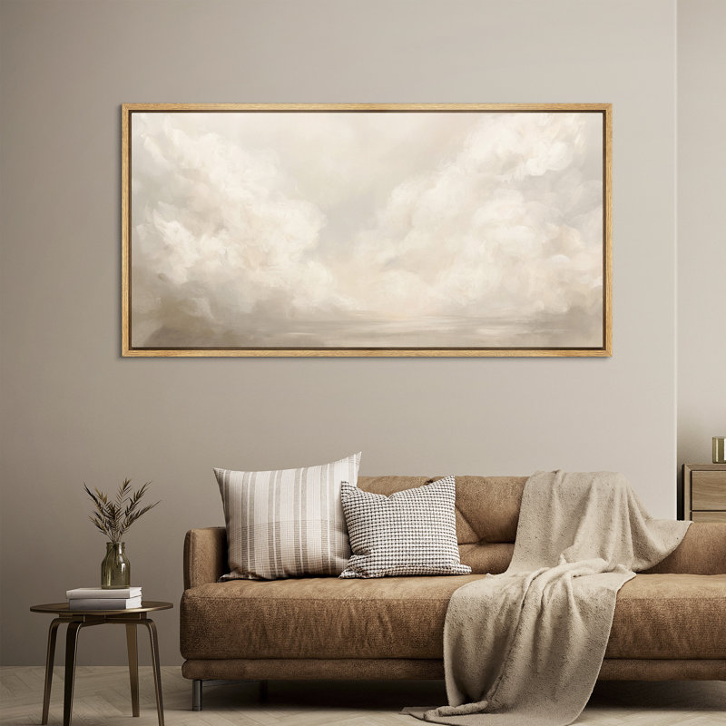 «Serene Cloudscape in Cream Tones», art sur toile encadré - Scène de ciel neutre et tranquille pour chambre ou spa, Naturel