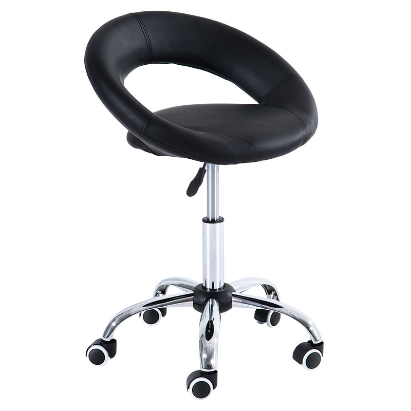 Tabouret à roulettes en similicuir à hauteur réglable, à 5 roulettes, noir pour un usage professionnel dans les salons avec dossier respirant et roulettes stables