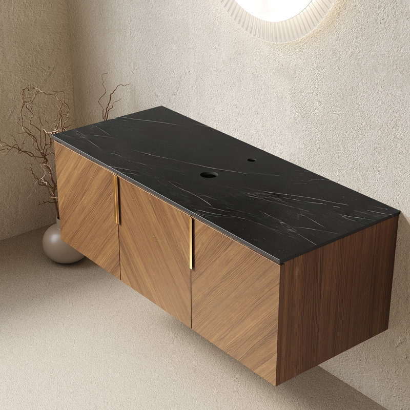 Pierre frittée noire 48 po avec comptoir à motif de pierres et armoire en chêne brun 48 po Arai