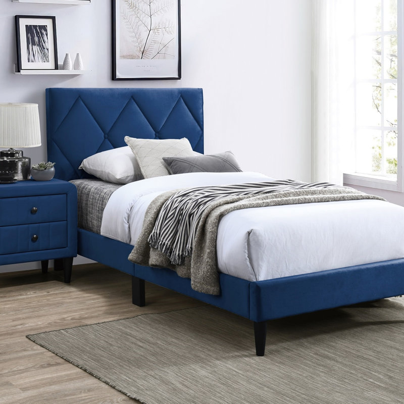 Lit simple avec tête de lit ajustable 1pc, chambre d'enfant rembourrée en velours, Lit simple, Marine