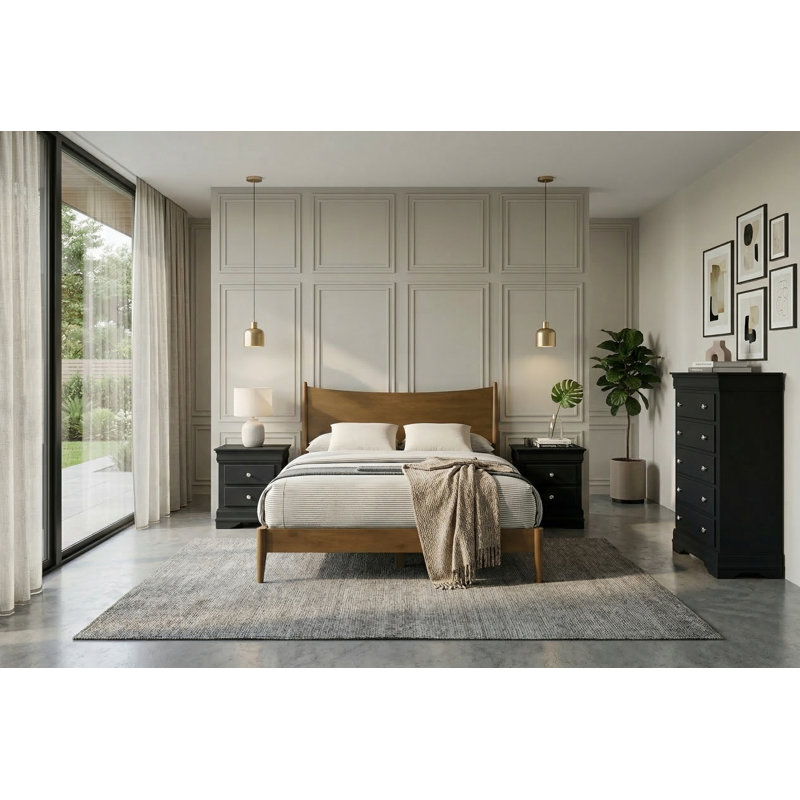 Barvelle Solid Wood 4 Pieces Bedroom Set, Black/Walnut, 4 Pcs: Bed, Chest, 2 Nightstand