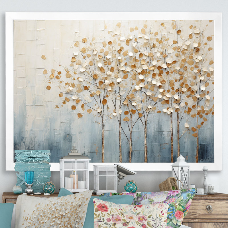 Harmonie d'arbres dorés et bleus V - Arbres, reproductions encadrées, Cadre simple blanc, H 24 po x l 32 po x P 1 po