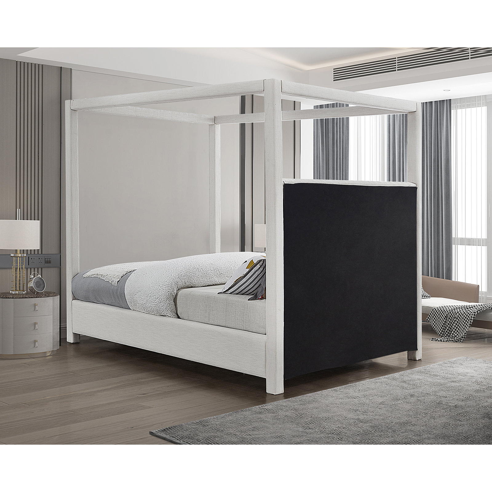 Mistaya Upholstered Canopy Bed, King, Cream Linen
