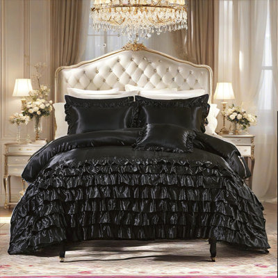 Silk Like Black Comforter Set King Size 8 Pieces Bed in a Bag Luxurious Waterfall Ruffle Comforter Set with Sheet Set for Girls and Women Boho Chic Farmhouse Style Bedding Sets