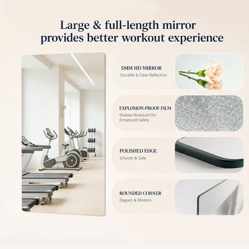 24 po x 48 po 3 pièces Miroir de gymnastique mural rectangulaire sans cadre pleine longueur 5 mm HD avec studio de danse incassable avec film antidéflagrant