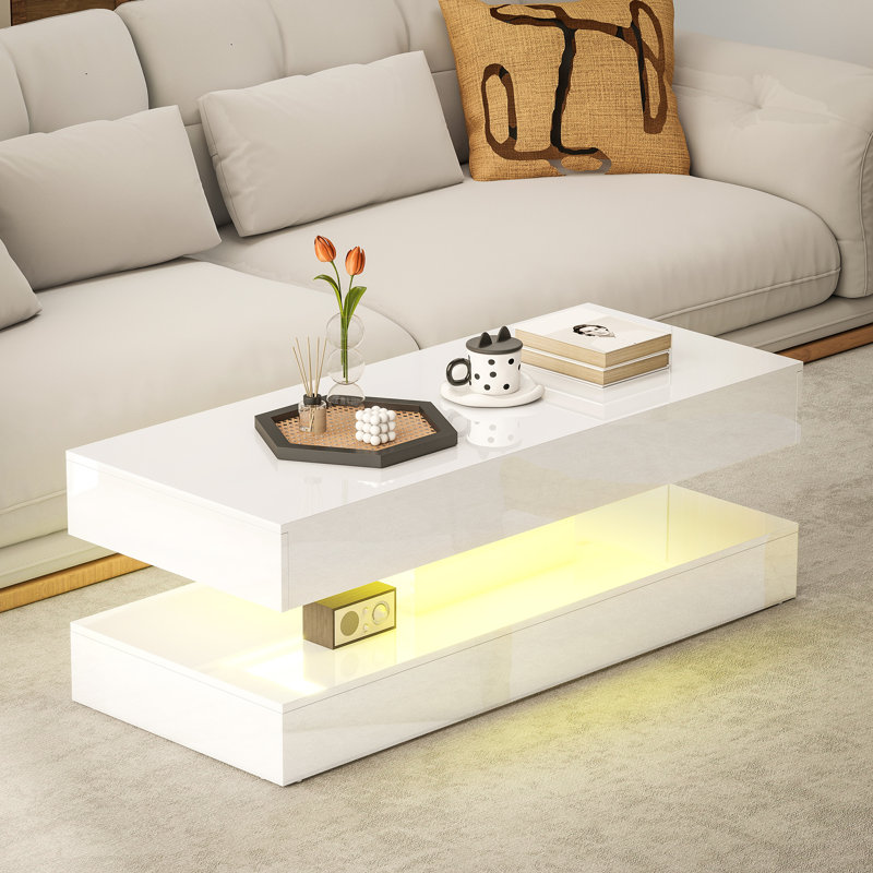 Table basse haute brillance avec centre de lumière DEL réglable blanc