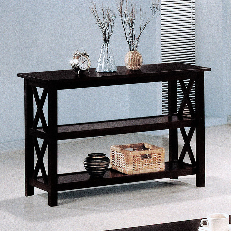 Table de style transitionnel, finition profonde, deux tablettes pour rangement pratique et console rectangulaire, espace de rangement spacieux