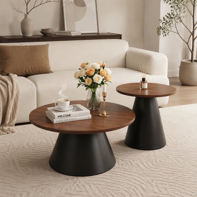 Table basse ronde avec surface en grain de bois exquis