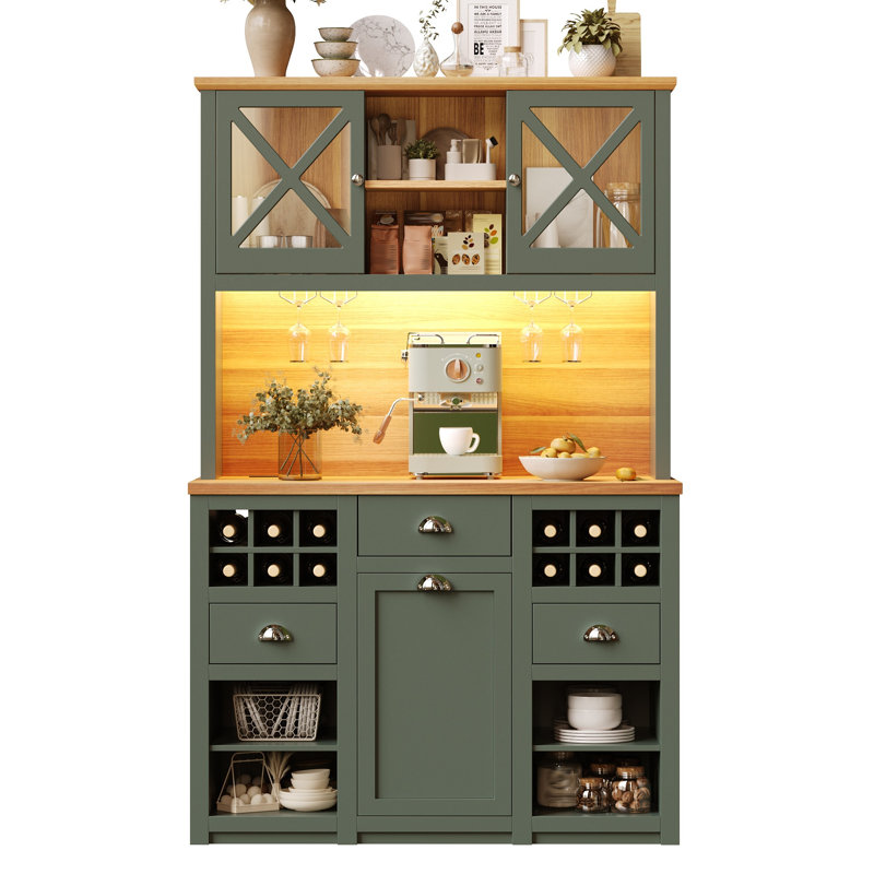 120×45×188cm Green Tall Kitchen Sideboard with Glass Doors & LED Lights, Built-in Wine Rack, Adjustable Shelves & Power Outlets for Home Kitchen