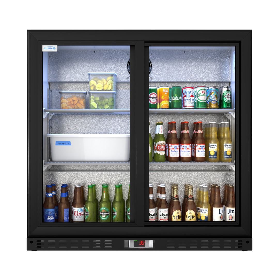 35 in. W 7.4 cu. ft. 2 Glass Sliding Door Counter Height Back Bar Cooler Refrigerator with LED Lighting in Black KoolMore