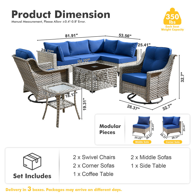 Ensemble de conversation d'extérieur en osier pour 6 personnes avec coussins avec chaises berçantes et pivotantes, Marine