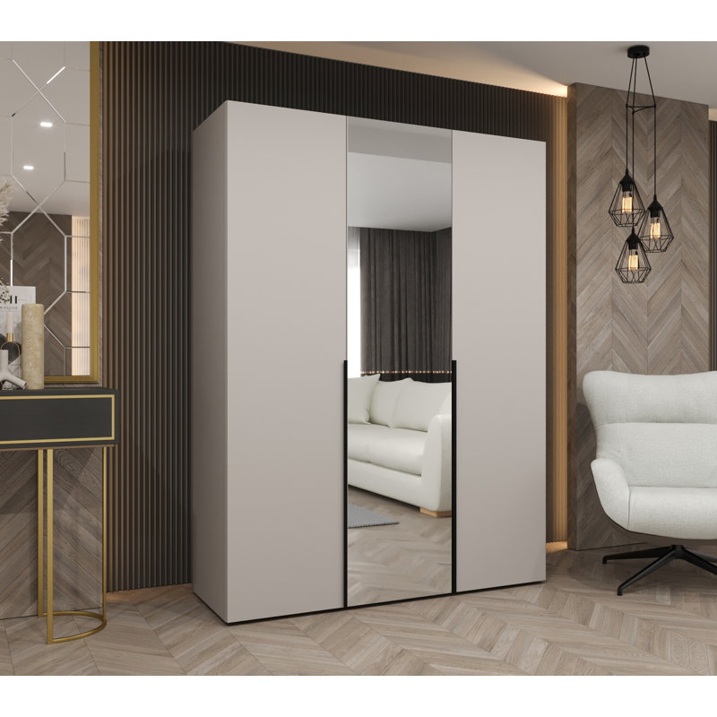 Wardrobe Cante 2, Mirror, Standard Doors, cashmere + handles: black, 202 H x 150 W x 52 D