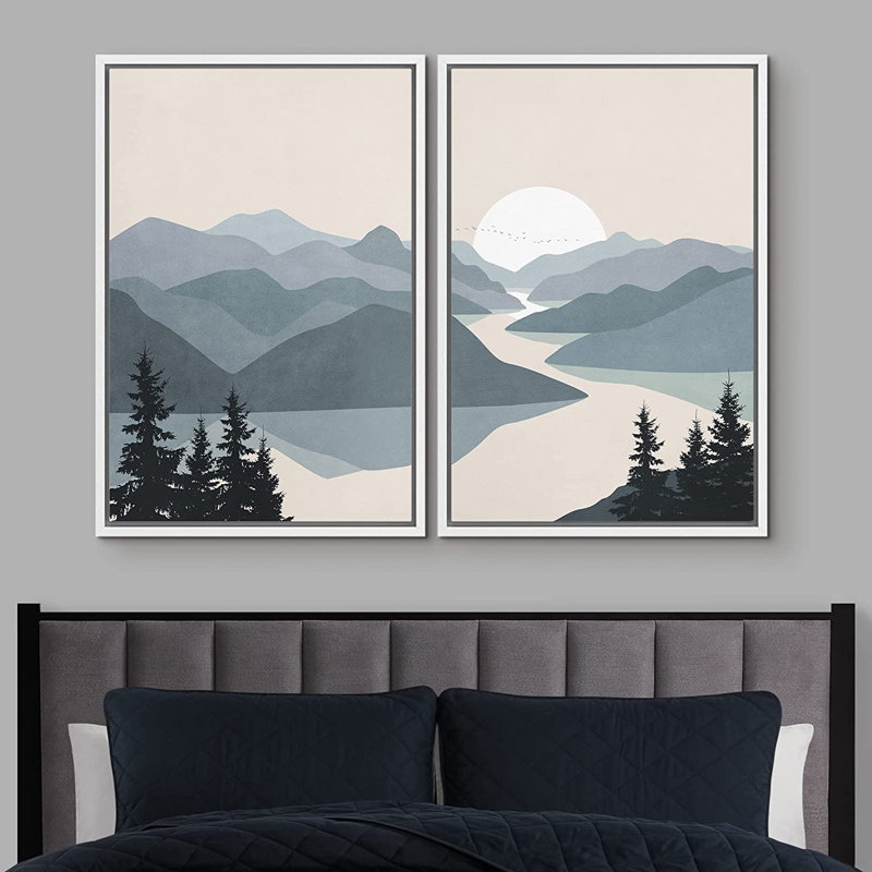 "Sun Mountain Landscape" Greenish Grey River Abstract Nature, reproduction d'art sur toile encadrée 2 pièces, Blanc