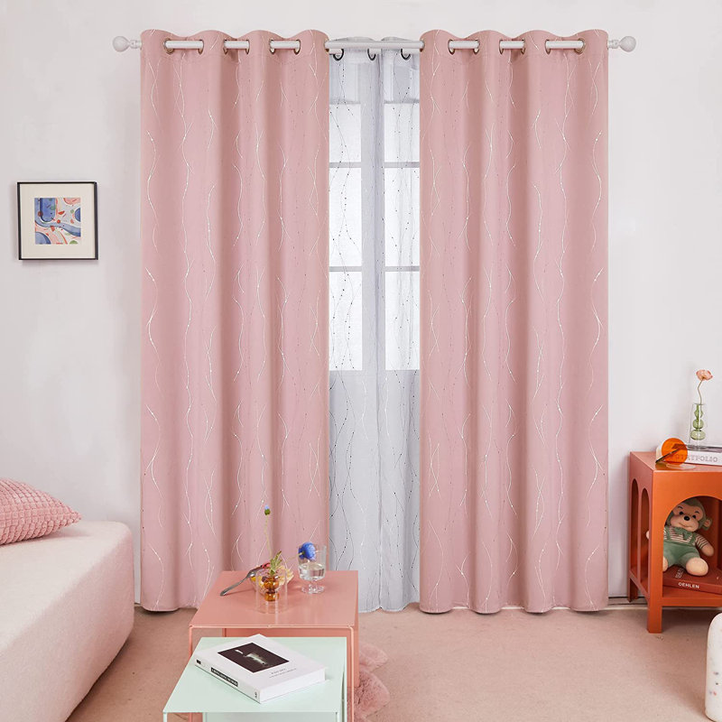 Senath Dotted Line Foil Printed Room Darkening Thermal Curtains, Coral Pink, 132cm W x 214cm D