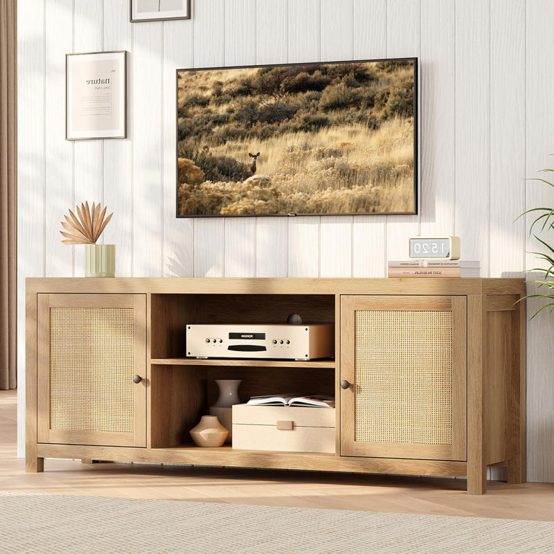 TV Stand for 65 Inch TV with Rattan Doors, Natural Wood