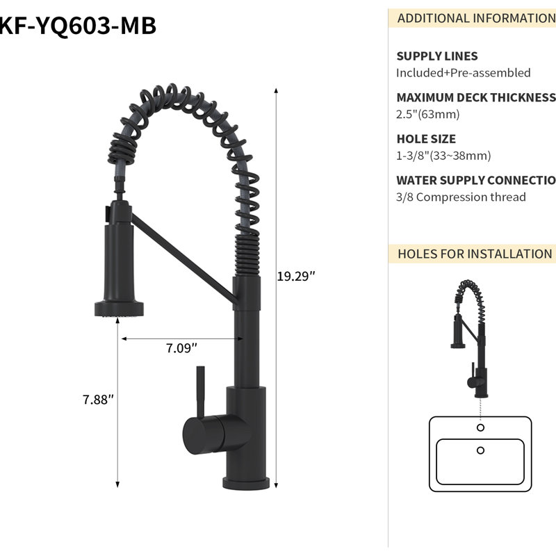 Robinet de cuisine moderne noir de 48 cm (19 po) - Poignée unique, acier inoxydable 304 pour une durabilité et un style optimaux. Fonctionnement pratique dans la salle de bain.