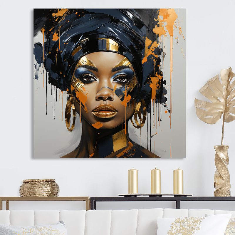 Art africain sur toile, tribus noires et dorées IV, Toile tendue, H 36 po x l 36 po x P 1,5 po