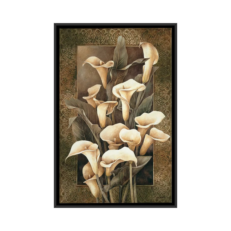 « golden calla lilies », impression sur toile, H 26 po x l 18 po x P 1,5 po, Toile avec cadre noir, Pas de tapis