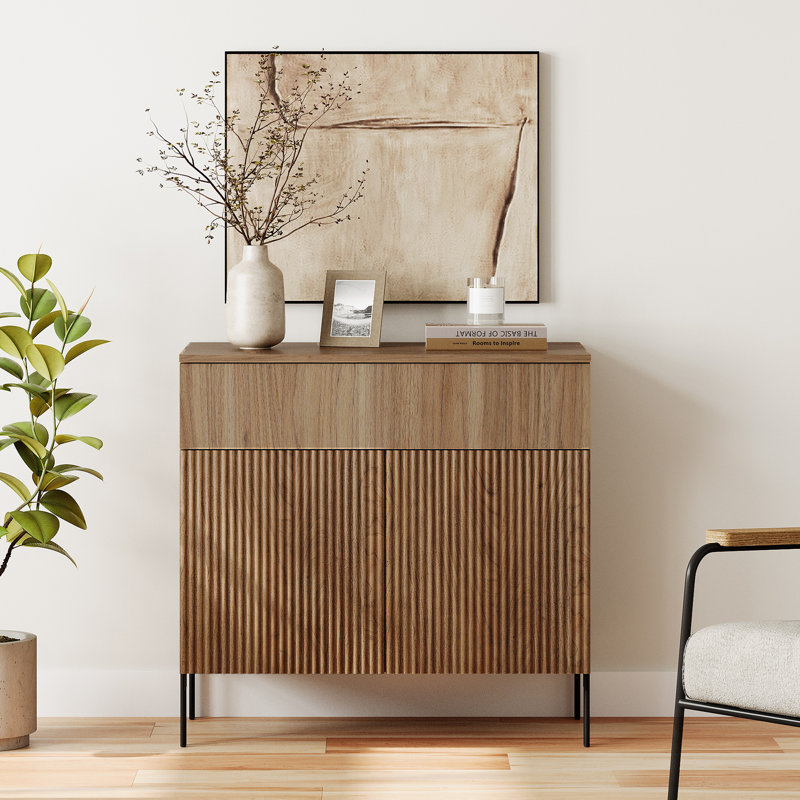 Union Rustic 31.5" Reeded Accent Cabinet With 2 Doors And Drawer, Modern Credenza Storage Cabinet With Metal Legs For Living Room, Kitchen, Dining Room, Hallway