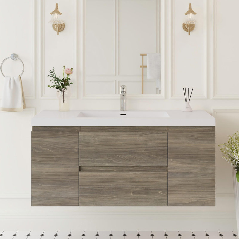 Meuble-lavabo mural simple 48 po avec plateau en résine intégré, 2 armoires, 2 tiroirs à fermeture en douceur et assemblage complet