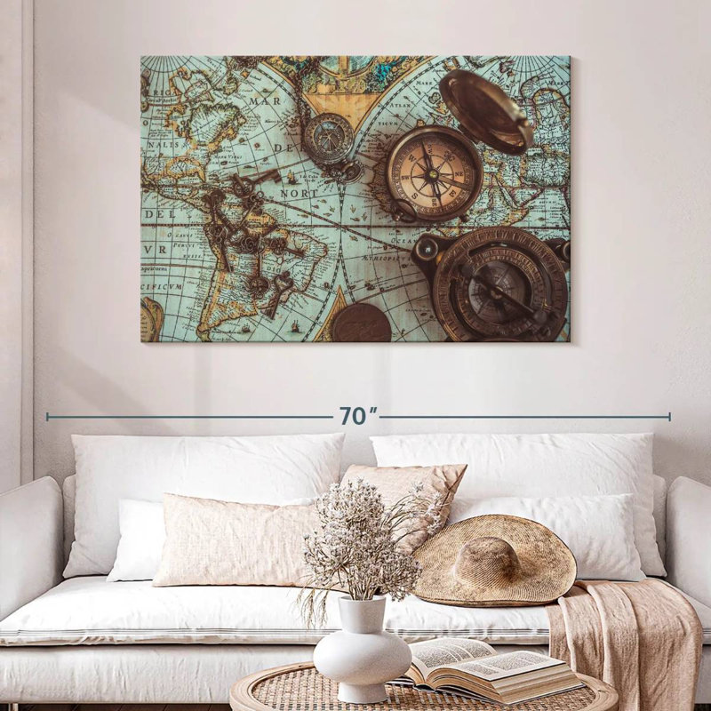 Carte de pirate antique sur toile, H 32 po x l 48 po x P 1,25 po