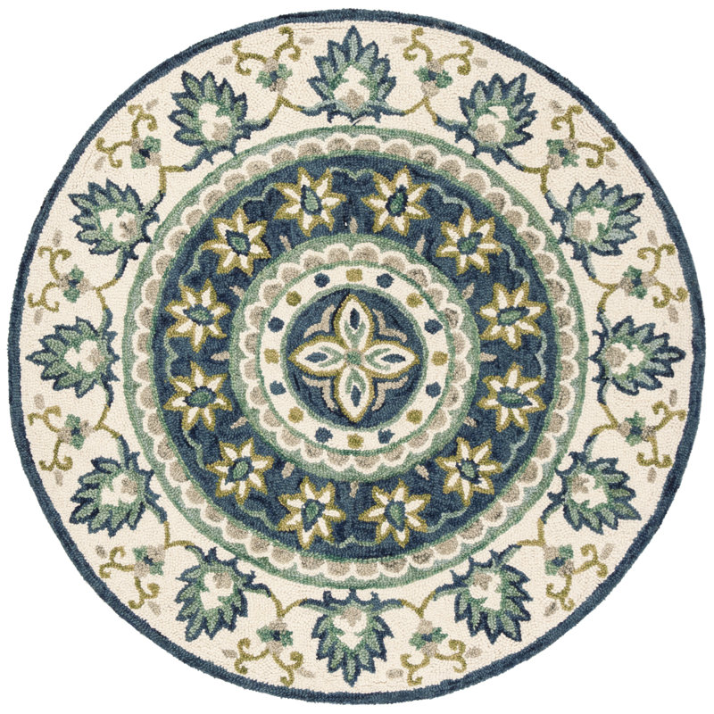 Tapis ivoire / bleu en laine touffeté à la main Braley, Circulaire 5 pi x 5 pi