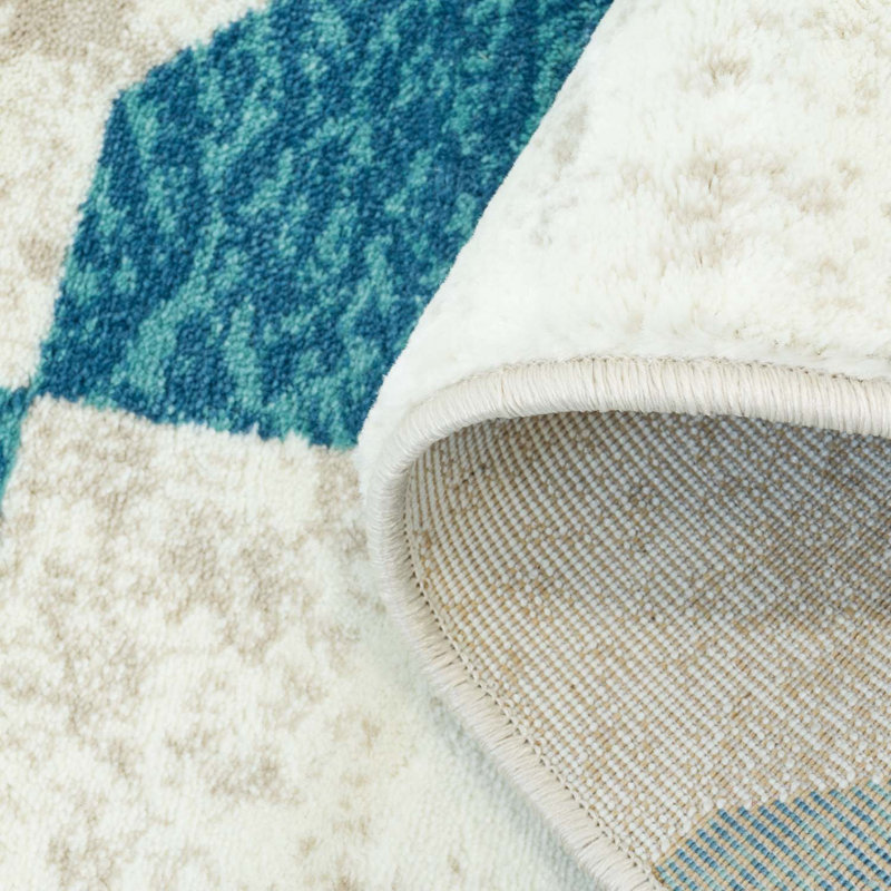 Tapis bleu à motif géométrique, Rectangle 5 pi 2 po x 7 pi 5 po