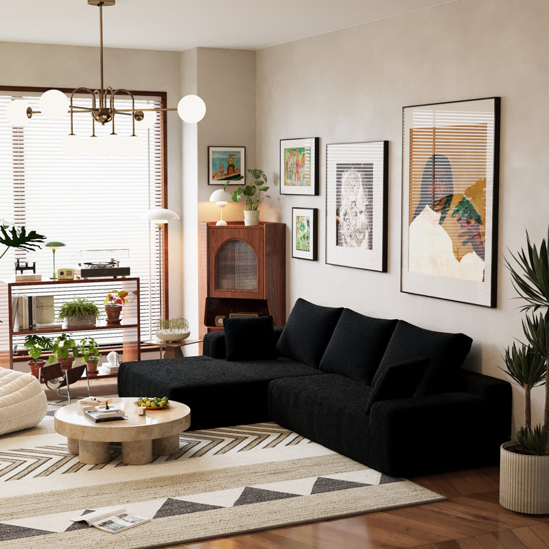 Boneless L-shaped Modular Foam-filled with Spring Support Simple Living Room Sofa, Black Chenille