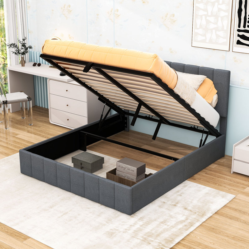 Lit plateforme tapissier avec rangement hydraulique, Grey, Grand lit