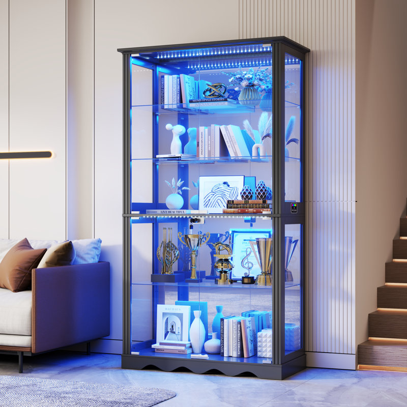  70.9"H Glass Display Cabinet, 5-Tier Curio Cabinets With RGB Lighting & Human Body Sensors, Black