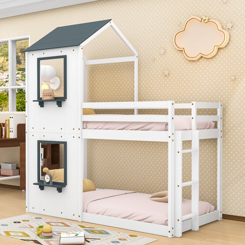 Twin Over Twin Wooden House-Shape Bunk Bed With Pitched Roof And Window, White
