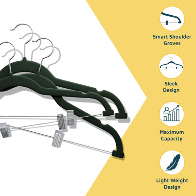  Velvet Skirt Hangers – With Adjustable Clips, 360 Degree Swivel Hook, and Non-Slip Shoulder Notch, Holds Up To 10 lbs, For Organizing Skirt, Pants, Dress, and Clothes, Pack of 50, Green