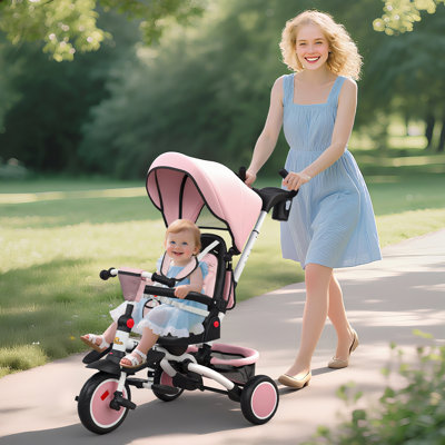 Tricycle pour enfants, tricycle pliable pour bébé 6 en 1 avec poignée réglable, poussette tricycle avec auvent amovible, siège réversible, harnais de sécurité, garde-corps détachable, rangement pour 1-5 ans, rose
