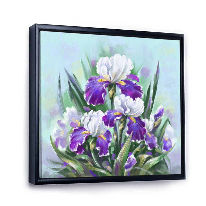Fleurs et iris mauves en fleurs, H 30 po x l 30 po x P 1 po, Toile avec cadre flottant noir