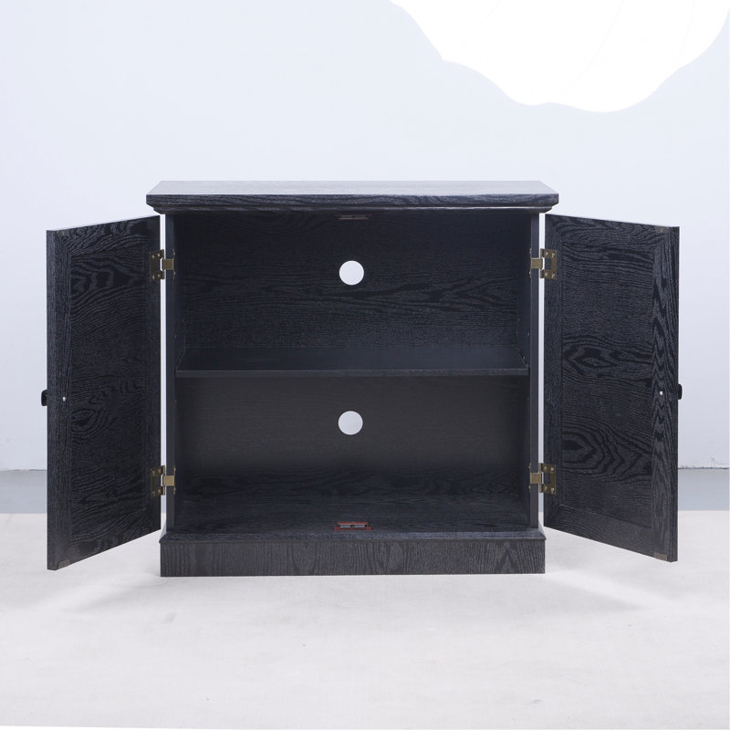 Buffet de rangement avec 2 portes décoratives en miroir en acrylique, tablette réglable pour la salle à manger, le salon, la cuisine, poignées en métal, panneau de fibres à densité moyenne avec finition en papier de grain de bois noir 3D