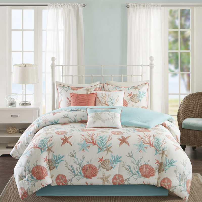 Queen Blue Cotton Reversible Coastal Comforter Set