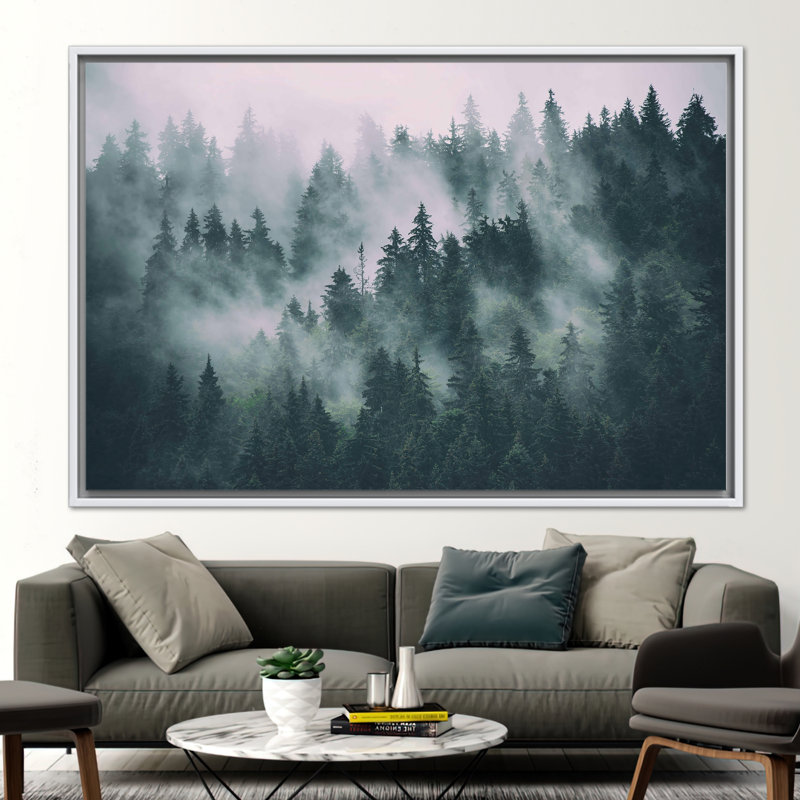 Misty Mountain and Forest Landscape View - Premium Canvas Art for Wall Decor, 50 cm H x 70 cm W, White Floater Framed