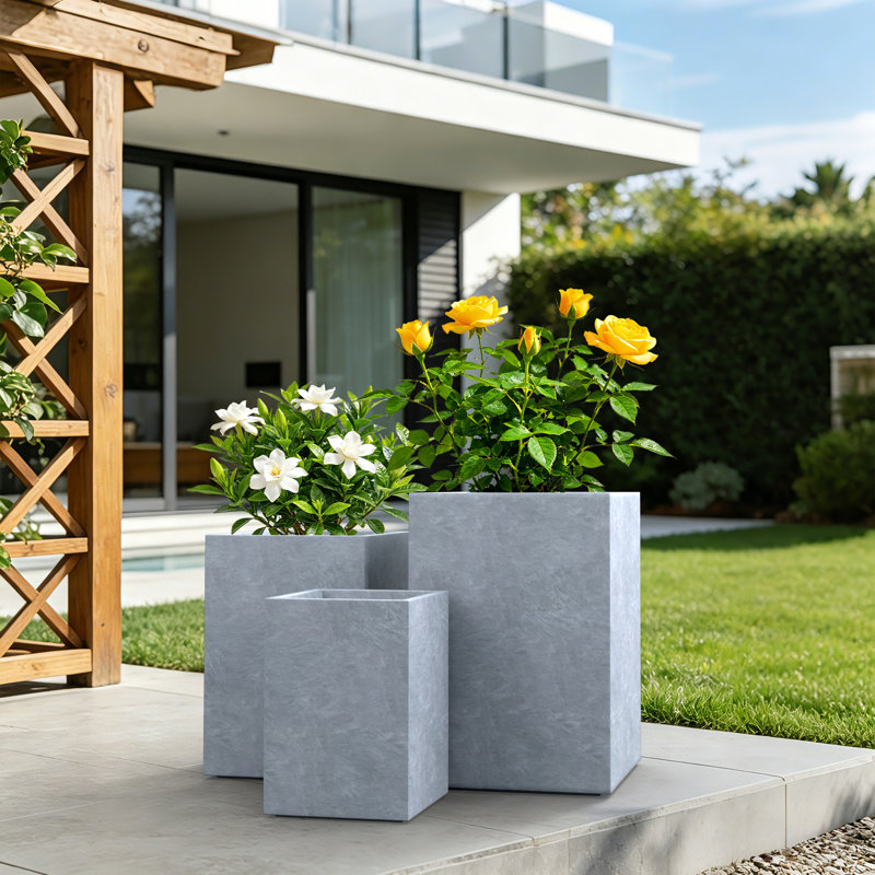 3-Piece Smooth Modern Concrete Planter Set Charcoal Gray Sturdy Concrete Plant Pot for Patio & Garden Decor, Blue Gray
